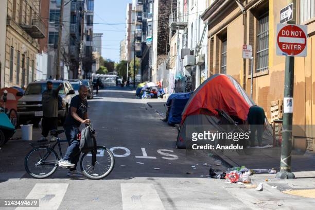 Homeless people are seen in Tenderloin district of San Francisco in California, United States on September 24, 2022.