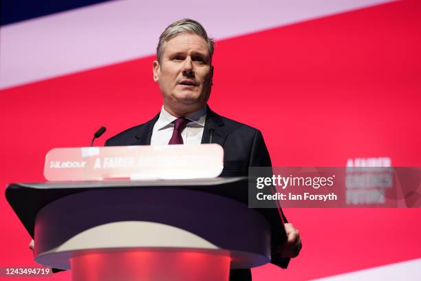 Labour leader Keir Starmer speaks to party members during a tribute to the late Queen Elizabeth II on day one of the Labour Party's annual conference...