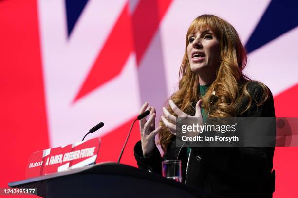 Labour deputy leader Angela Rayner speaks to party members on day one of the Labour Party's annual conference on September 25, 2022 in Liverpool,...