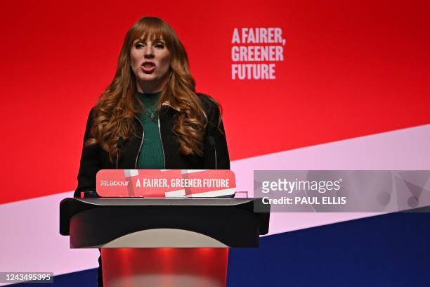 Britain's main opposition Labour Party deputy leader Angela Rayner speaks on the first day of the annual Labour Party conference in Liverpool, north...