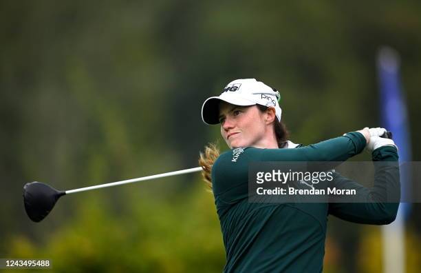 Clare , Ireland - 25 September 2022; Leona Maguire of Ireland watches her drive from the first tee box during round four of the KPMG Women's Irish...