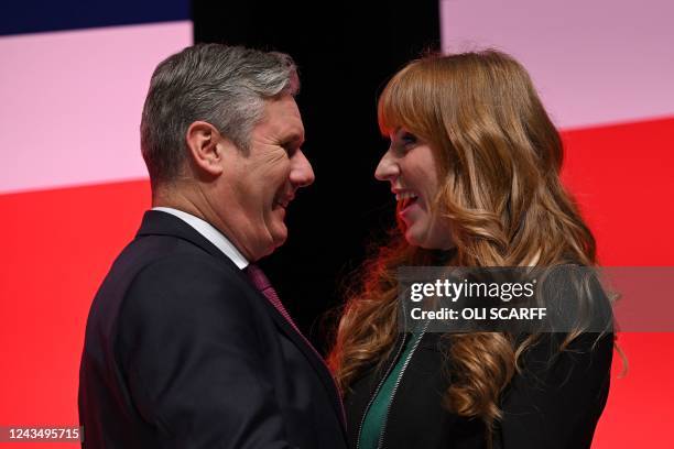 Britain's main opposition Labour Party leader Keir Starmer congratulates Britain's main opposition Labour Party deputy leader Angela Rayner after her...