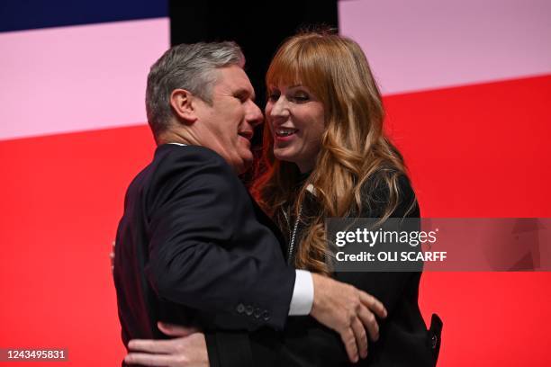 Britain's main opposition Labour Party leader Keir Starmer congratulates Britain's main opposition Labour Party deputy leader Angela Rayner after her...