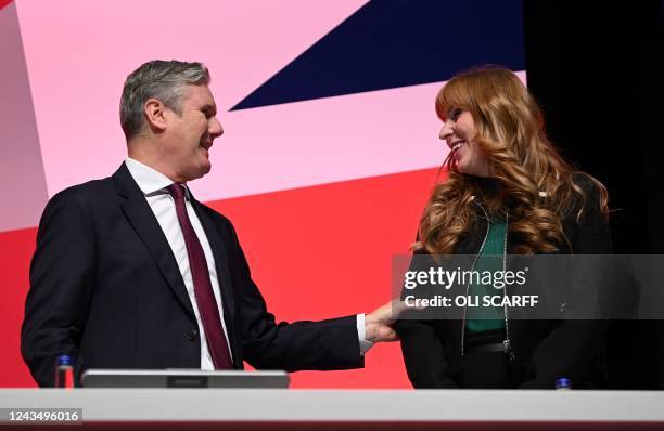 Britain's main opposition Labour Party leader Keir Starmer congratulates Britain's main opposition Labour Party deputy leader Angela Rayner after her...