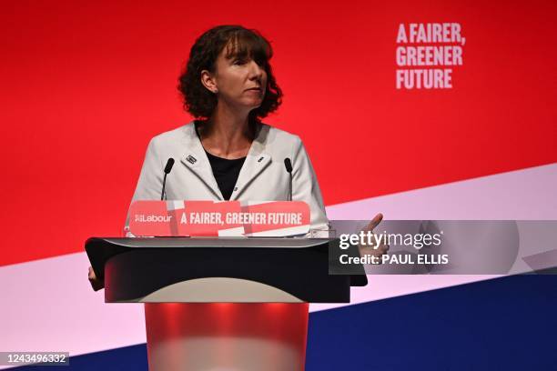 Britain's main opposition Labour Party chair Anneliese Dodds speaks on the first day of the annual Labour Party conference in Liverpool, north west...