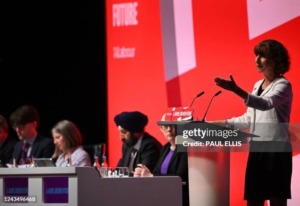 Britain's main opposition Labour Party chair Anneliese Dodds speaks on the first day of the annual Labour Party conference in Liverpool, north west...