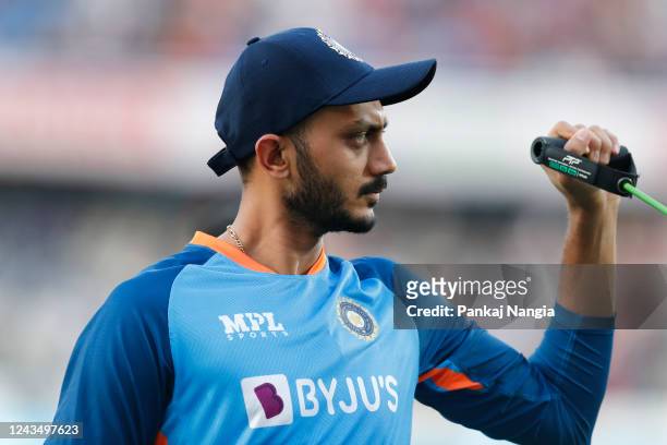 Axar Patel of India prior to game three of the T20 International series between India and Australia at Rajiv Gandhi International Stadium on...