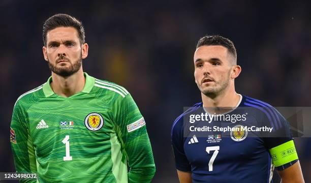 Scotland , United Kingdom - 24 September 2022; John McGinn, right, and Scotland goalkeeper Craig Gordon before UEFA Nations League B Group 1 match...