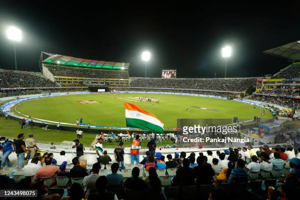 General view prior to game three of the T20 International series between India and Australia at Rajiv Gandhi International Stadium on September 25,...