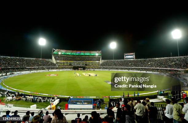 General view prior to game three of the T20 International series between India and Australia at Rajiv Gandhi International Stadium on September 25,...