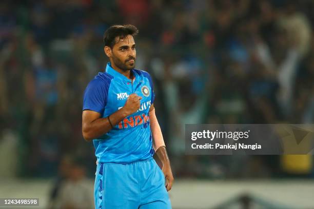 Bhuvneshwar Kumar of India celebrates the wicket of Cameron Green of Australia during game three of the T20 International series between India and...