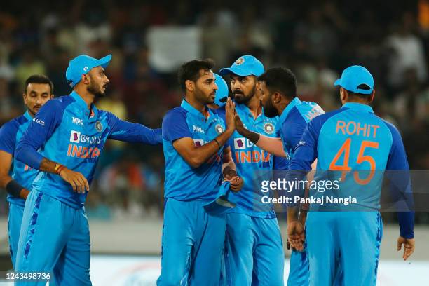Bhuvneshwar Kumar of India celebrates the wicket of Cameron Green of Australia during game three of the T20 International series between India and...