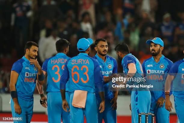 Axar Patel of India celebrates the wicket of \Aaron Finch of Australia during game three of the T20 International series between India and Australia...