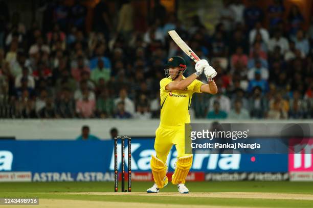 Cameron Green of Australia plays a shot during game three of the T20 International series between India and Australia at Rajiv Gandhi International...