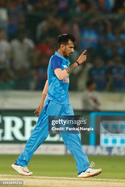 Yuzvendra Chahal of India celebrates celebrates the wicket of Steve Smith of Australia during game three of the T20 International series between...