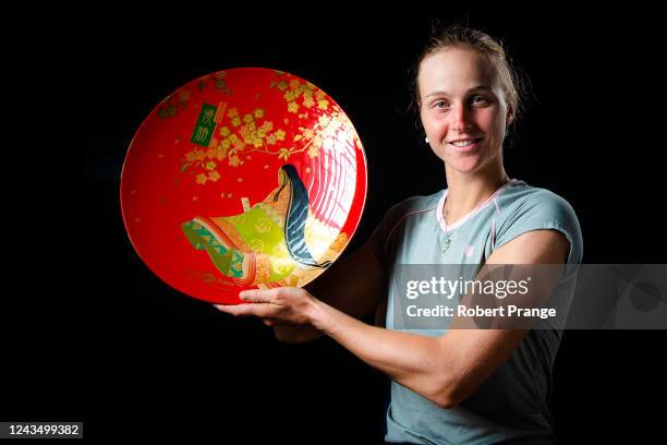 Liudmila Samsonova of Russia poses with the champions trophy after defeating Qinwen Zheng of China in the final match on Day 7 of the Toray Pan...