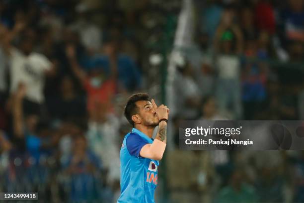 Yuzvendra Chahal of India celebrates celebrates the wicket of Steve Smith of Australia during game three of the T20 International series between...