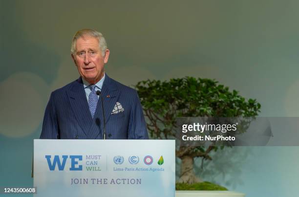King Charles III is photographed giving a speech at the COP21 Archive pictures in Paris, France on 21 November 2015.