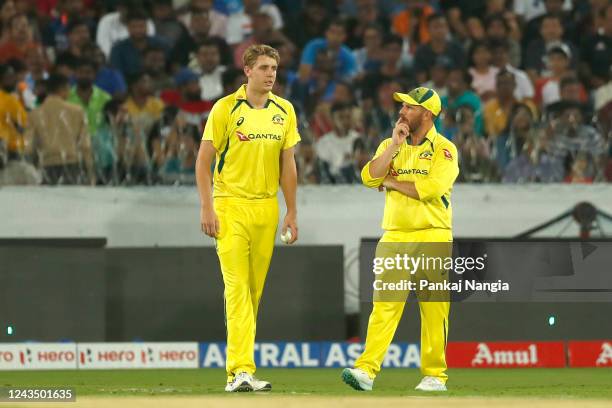 Aaron Finch of Australia and Cameron Green of Australia during game three of the T20 International series between India and Australia at Rajiv Gandhi...