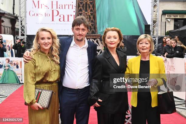 Sarah Lamb, Alfie Oldman, Lesley Manville and Diana Manville attend the UK Premiere of "Mrs Harris Goes To Paris" at The Curzon Mayfair on September...