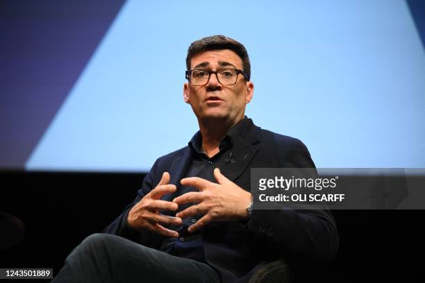 Maoyor of Greater Manchester Andy Burnham speaks with Guardian Editor-in-Chief Katharine Viner at a fringe event inside the ACC Liverpool on the...