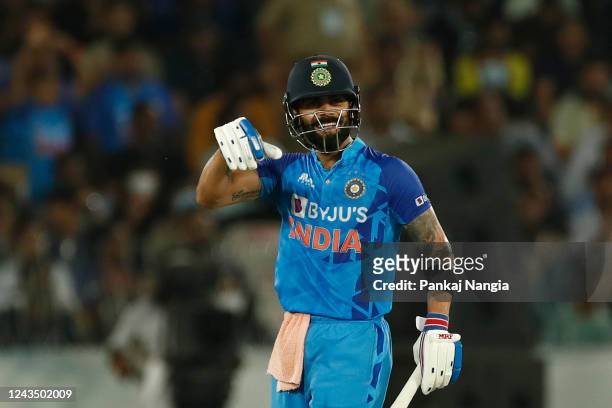 Virat Kohli of India reacts during game three of the T20 International series between India and Australia at Rajiv Gandhi International Stadium on...