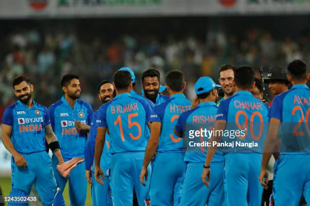Indian players celebrate the victory during game three of the T20 International series between India and Australia at Rajiv Gandhi International...