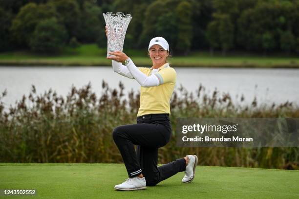 Clare , Ireland - 25 September 2022; Klara Spilkova of Czech Republic celebrates with the trophy after winning on the first play-off hole during...