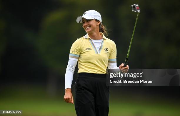 Clare , Ireland - 25 September 2022; Klara Spilkova of Czech Republic celebrates her winning putt on the first play-off hole during round four of the...