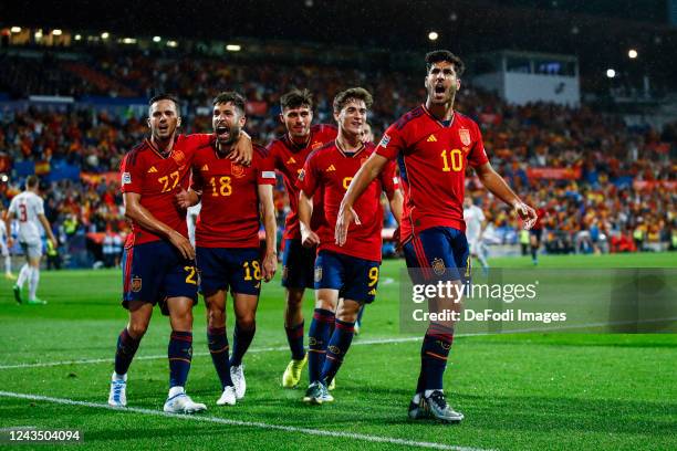 Marco Asensio of Spain, Jordi Alba of Spain, Pablo Sarabia of Spain, Gavi of Spain celebrates after scoring his team's first goal during the UEFA...