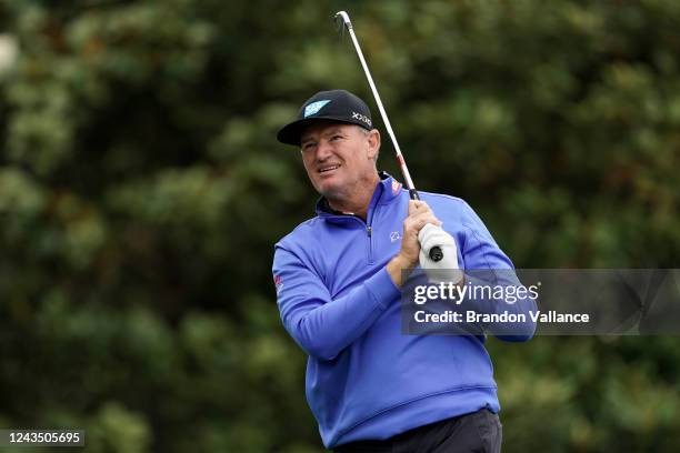 Ernie Els of South Africa tees off on the fist hole during the Final Round of the PURE Insurance Championship at Pebble Beach Golf Links on September...