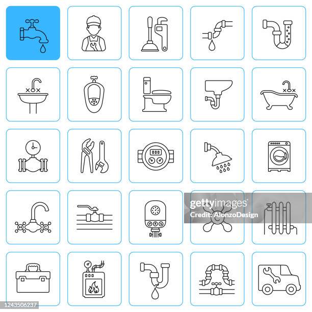 stockillustraties, clipart, cartoons en iconen met sanitair lijn iconen. bewerkbare lijn. - radiator heater