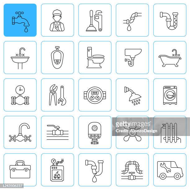 plumbing line icons. editable stroke. - sewage services stock illustrations