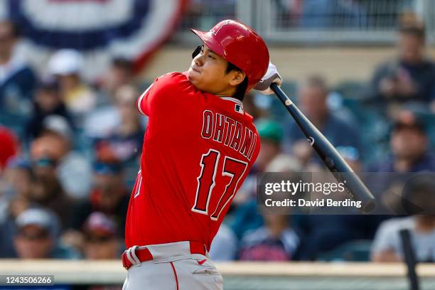 Shohei Ohtani of the Los Angeles Angels hits a single against the Minnesota Twins in the first inning of the game at Target Field on September 25,...