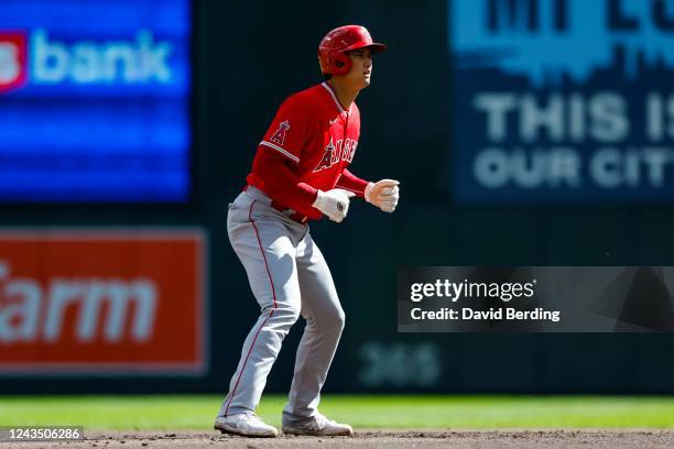 Shohei Ohtani of the Los Angeles Angels takes the lead from second base against the Minnesota Twins in the first inning of the game at Target Field...