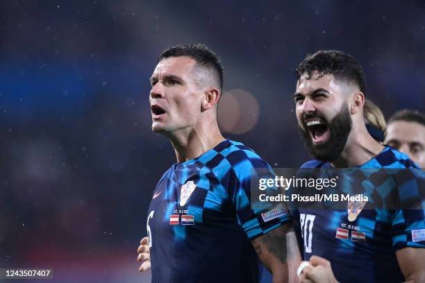 Dejan Lovren of Croatia celebrate with his teammates after scoring during the UEFA Nations League League A Group 1 match between Austria and Croatia...