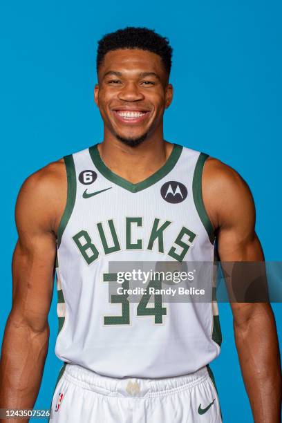 Giannis Antetokounmpo of the Milwaukee Bucks poses for a head shot during NBA Media Day at Fiserv Forum on September 25, 2022 in Milwaukee,...