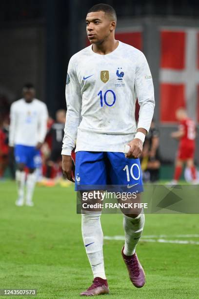 France's forward Kylian Mbappe reacts after the UEFA Nations League football match between Denmark and France in Copenhagen on September 25, 2022.