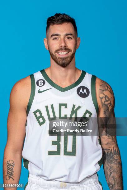 Luca Vildoza of the Milwaukee Bucks poses for a head shot during NBA Media Day at Fiserv Forum on September 25, 2022 in Milwaukee, Wisconsin. NOTE TO...