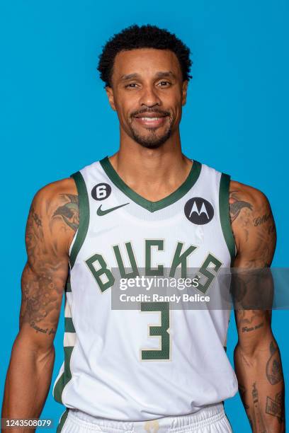 George Hill of the Milwaukee Bucks poses for a head shot during NBA Media Day at Fiserv Forum on September 25, 2022 in Milwaukee, Wisconsin. NOTE TO...