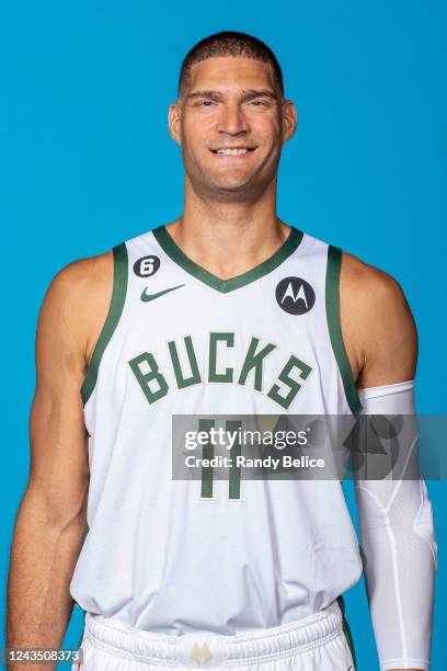 Brook Lopez of the Milwaukee Bucks poses for a head shot during NBA Media Day at Fiserv Forum on September 25, 2022 in Milwaukee, Wisconsin. NOTE TO...