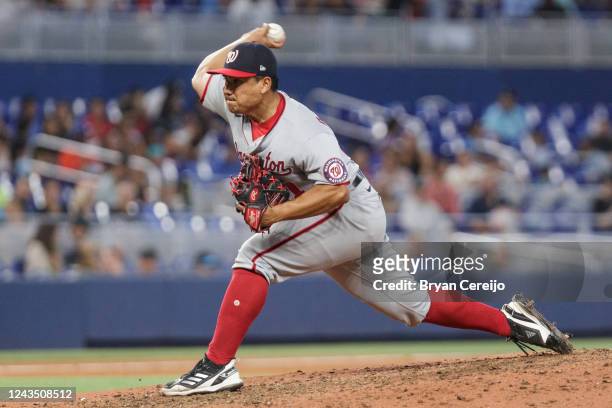 Erasmo Ramírez of the Washington Nationals pitches during the sixth inning against the Miami Marlins at loanDepot park on September 25, 2022 in...