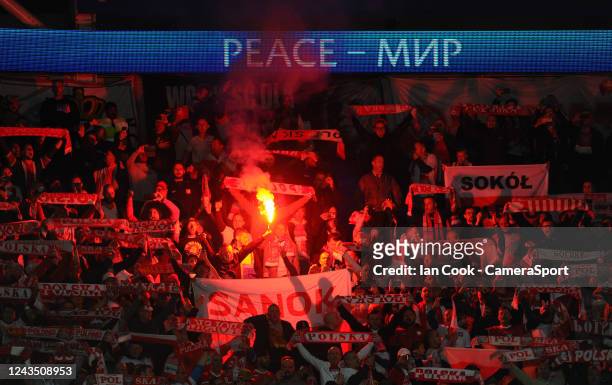 Polish fans sets of flare in the crowd during the UEFA Nations League League A Group 4 match between Wales and Poland at Cardiff City Stadium on...