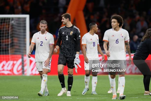 Belgium's players look dejected after a soccer game between the Netherlands and Belgian national team the Red Devils, Sunday 25 September 2022 in...