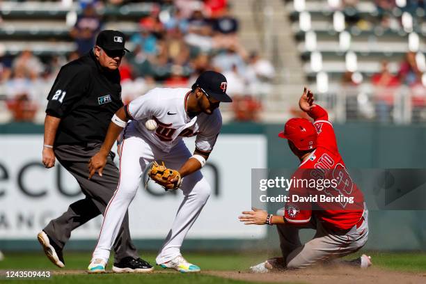 Livan Soto of the Los Angeles Angels steals second base against Jermaine Palacios of the Minnesota Twins in the sixth inning of the game at Target...