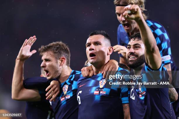 Dejan Lovren of Croatia celebrates after scoring a goal to make it 1-3 during the UEFA Nations League League A Group 1 match between Austria and...