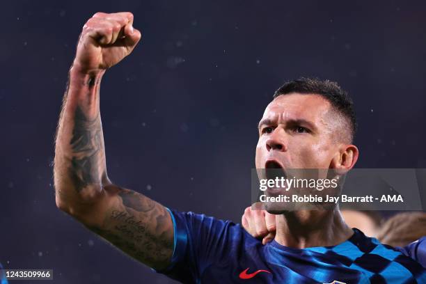 Dejan Lovren of Croatia celebrates after scoring a goal to make it 1-3 during the UEFA Nations League League A Group 1 match between Austria and...