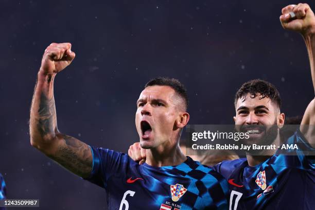Dejan Lovren of Croatia celebrates after scoring a goal to make it 1-3 during the UEFA Nations League League A Group 1 match between Austria and...