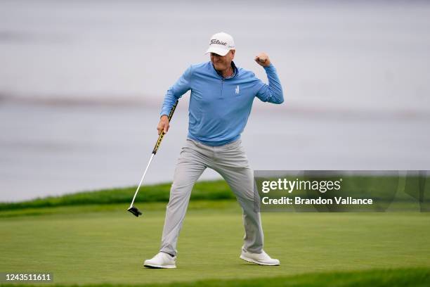 Steve Flesch celebrates on the eighteenth green after making his putt to win the Final Round of the PURE Insurance Championship at Pebble Beach Golf...