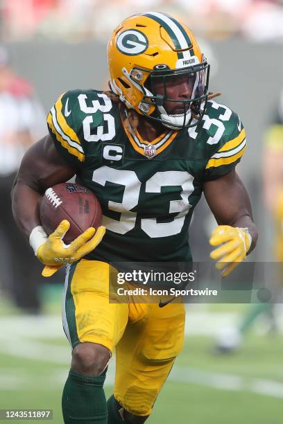 Green Bay Packers Running Back Aaron Jones carries the ball during the regular season game between the Green Bay Packers and the Tampa Bay Buccaneers...